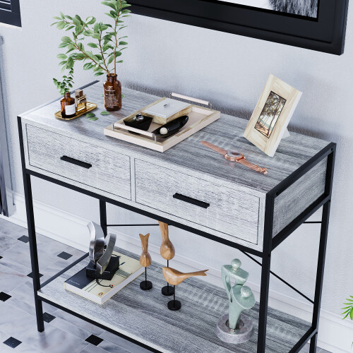 Vida Designs (Grey) Brooklyn Industrial 2 Drawer Console Table Shelf 2