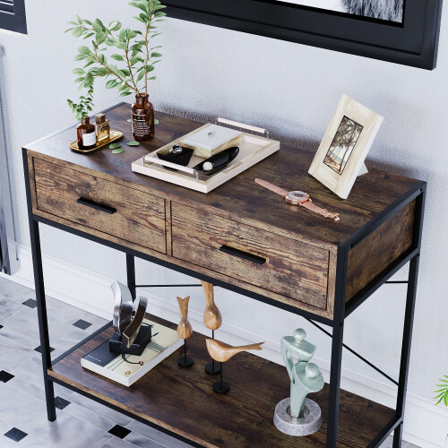 Vida Designs (Dark Wood) Brooklyn Industrial 2 Drawer Console Table Shelf 2