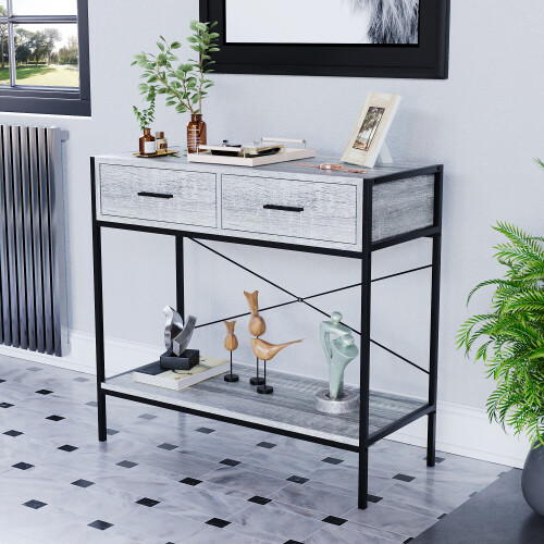 Vida Designs (Grey) Brooklyn Industrial 2 Drawer Console Table Shelf