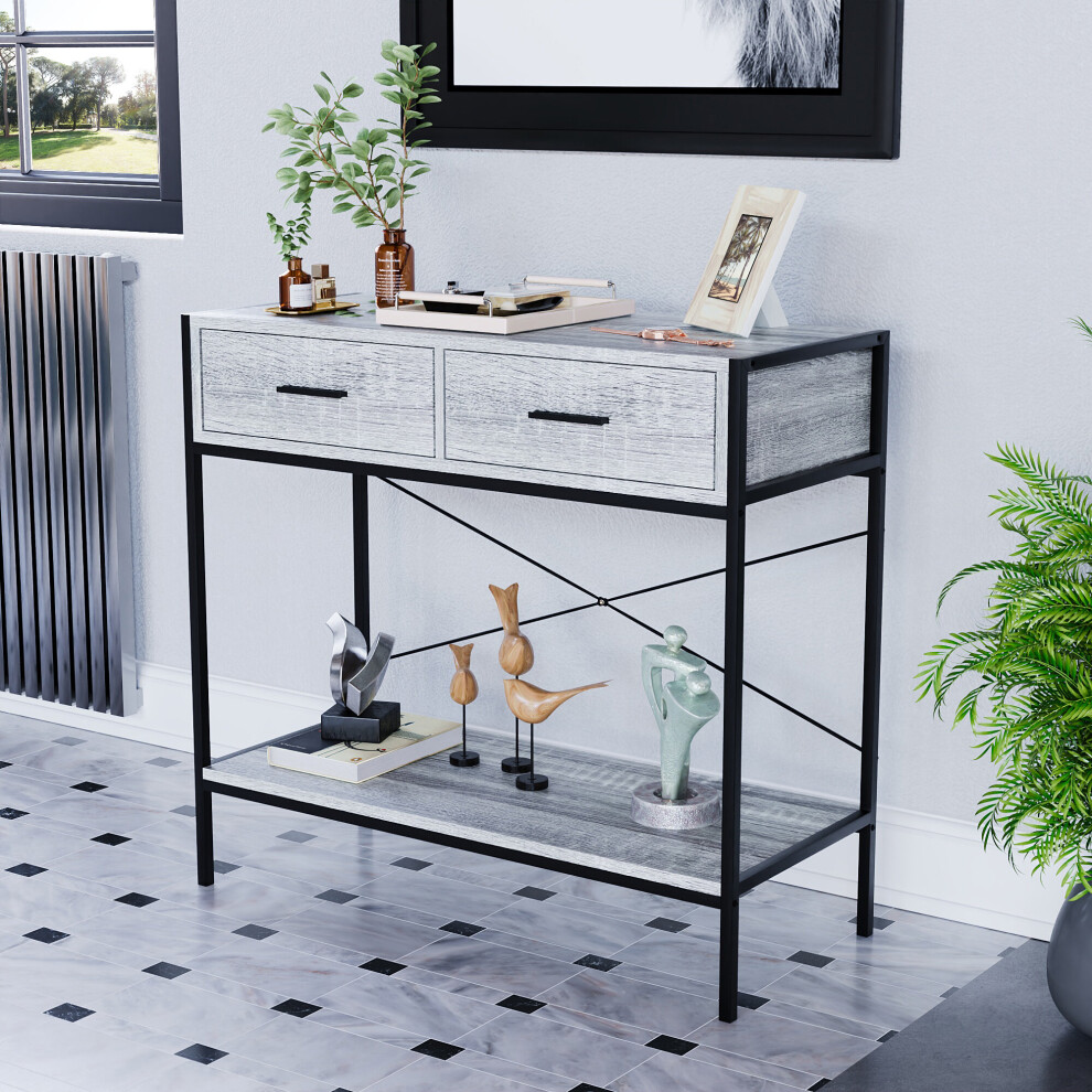 (Grey) Brooklyn Industrial 2 Drawer Console Table Shelf