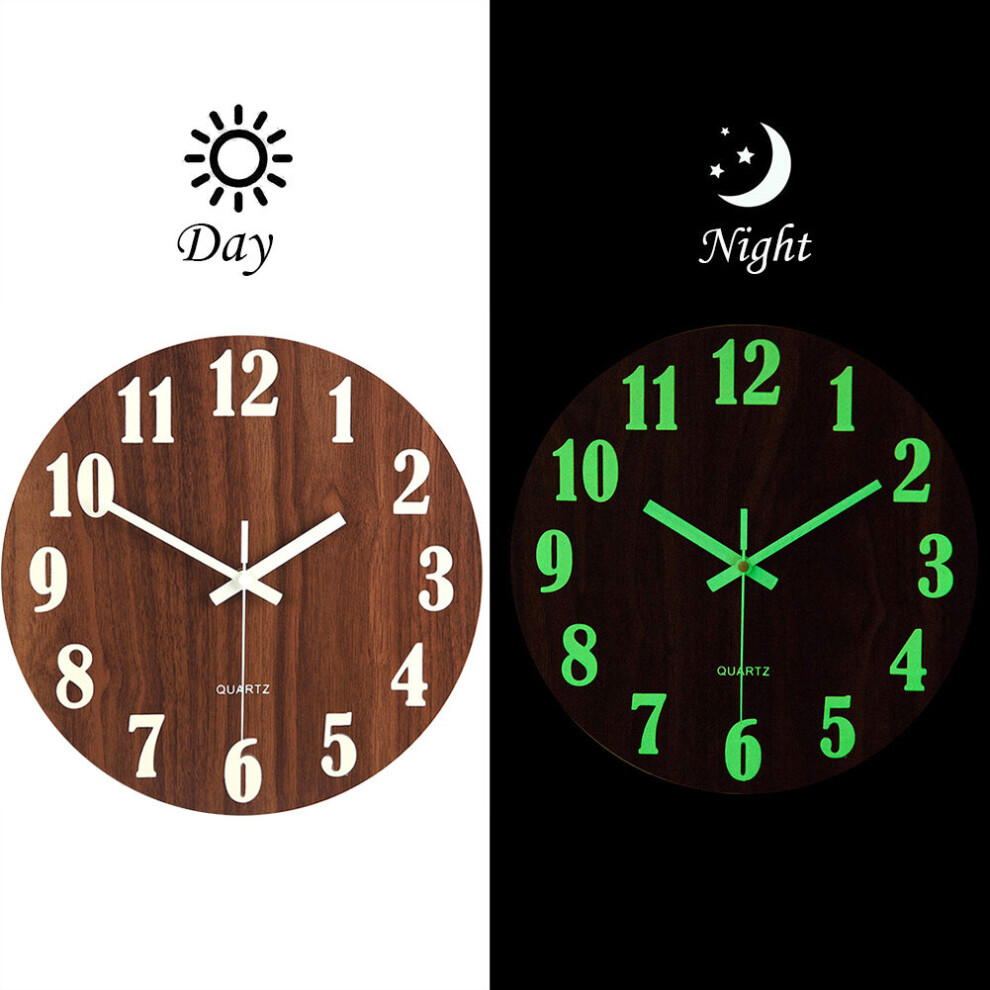 12" Wooden Luminous Wall Clock Glow In The Dark Night Light Silent Quartz Clocks