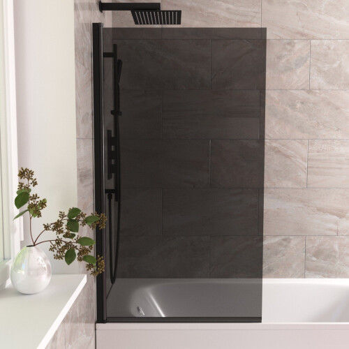 NES Home 800mm Square Bath Screen Black Profile Tinted Black Glass Reversible | Kai 2