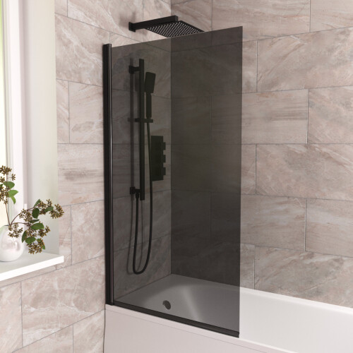 NES Home 800mm Square Bath Screen Black Profile Tinted Black Glass Reversible | Kai