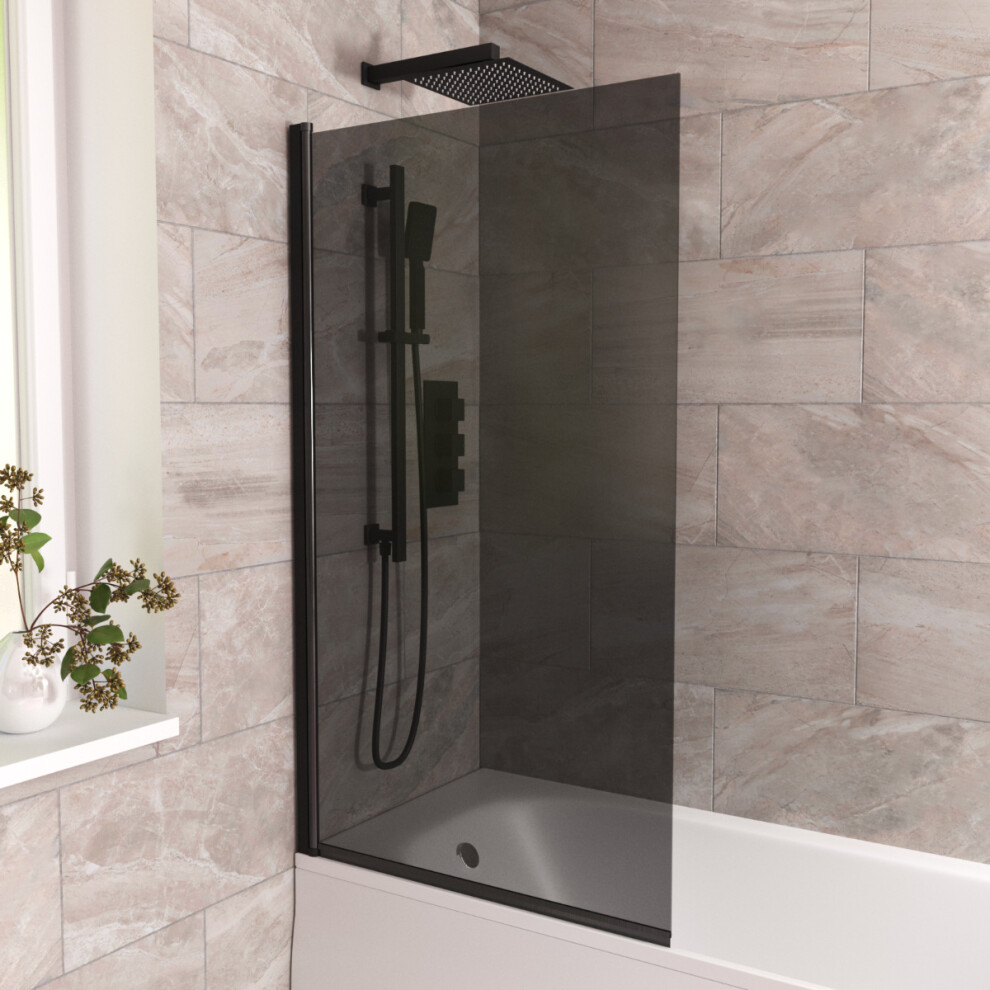 Nes Home 800Mm Square Bath Screen Black Profile Tinted Black Glass Reversible | Kai
