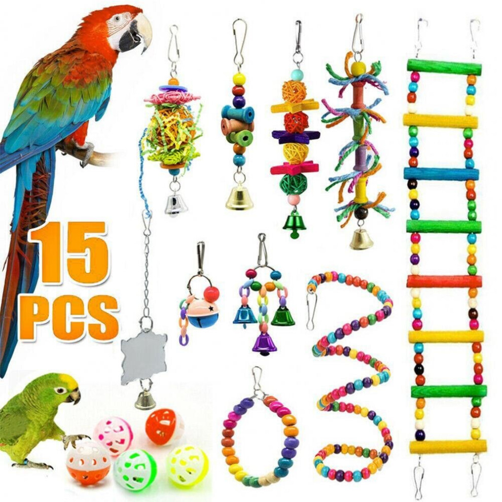 15 Pack Parrot Toys Set for Stand Budgie Cockatiel Cage Bird