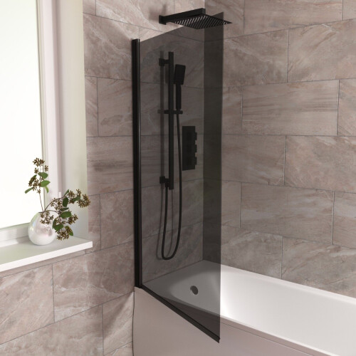 NES Home 800mm Square Bath Screen Black Profile Tinted Black Glass Reversible | Kai 1