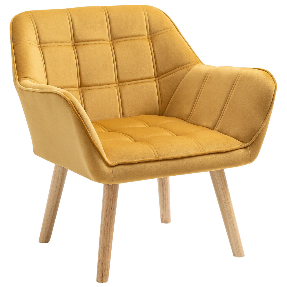 Homcom Luxe Velvet-Feel Accent Chair W/ Wide Arms Slanted Back Wood Legs Yellow