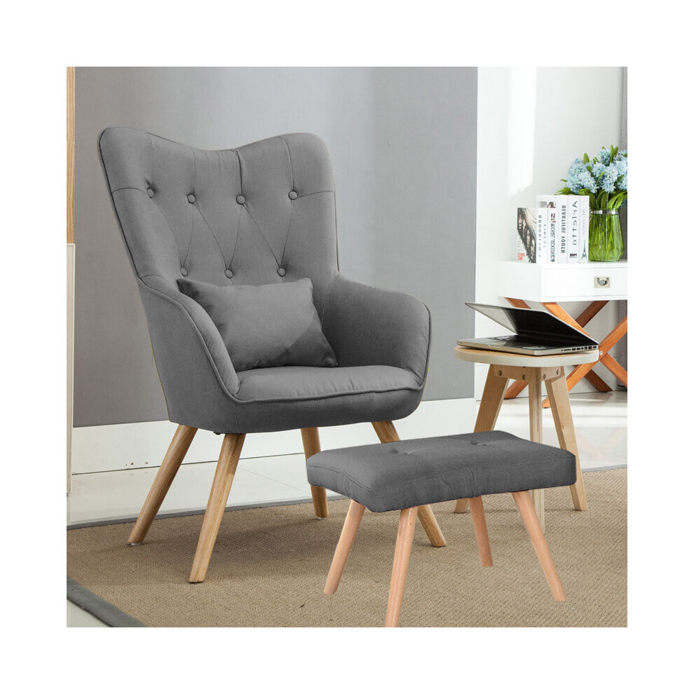Classic Linen Oak Wood Legs Leisure Armchair with Cushion and Footstool