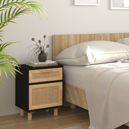 VidaXL (Black, 2) vidaXL 1/2x Solid Wood Pine Bedside Cabinet Natural Rattan Table Multi Colours 2