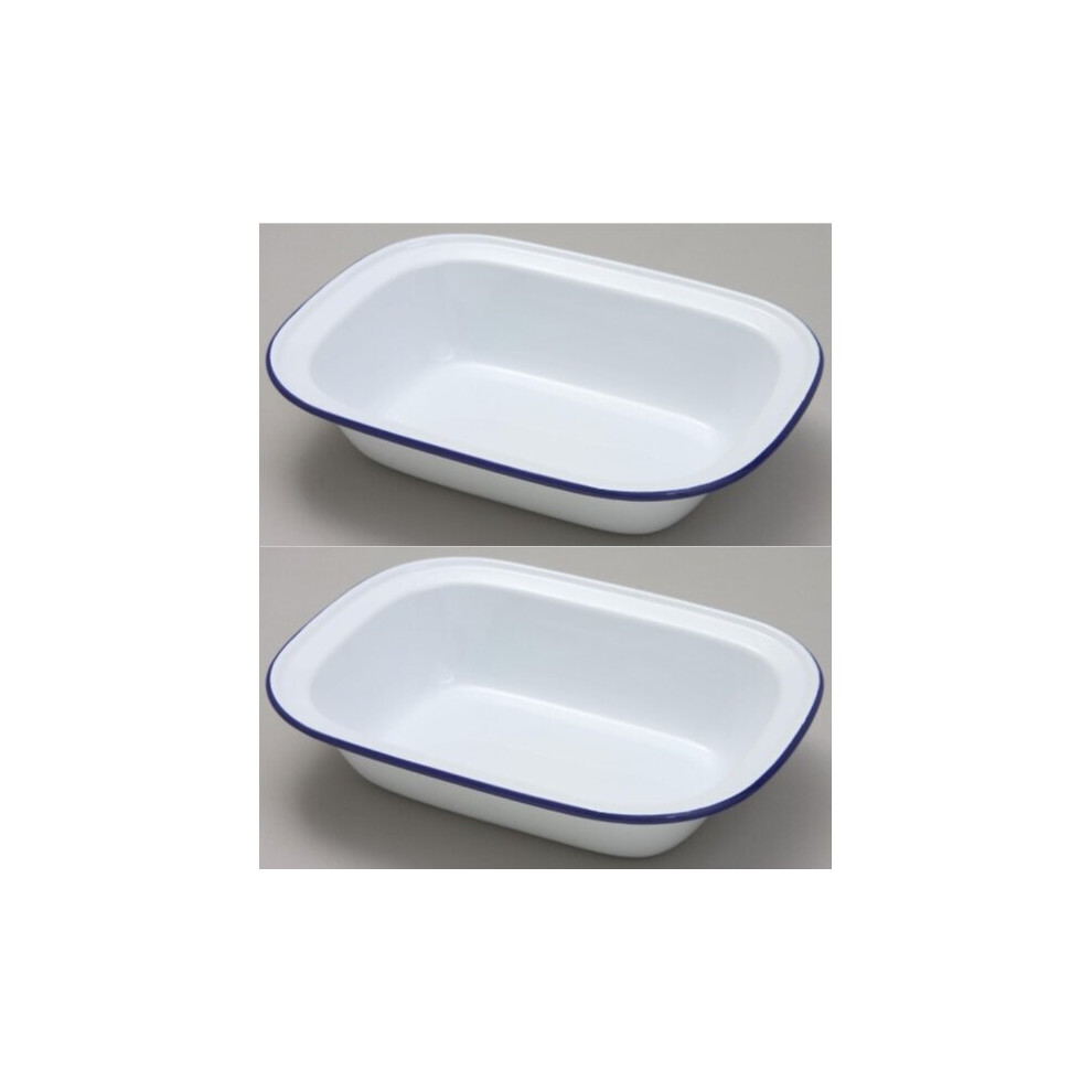 2 x Falcon 18cm Oblong Enamel Pie Dish Oven Baking Dish White Blue Rim