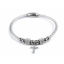 1pc silver cross stainless steel bracelet with cut beads - cross, four-leaf clover, metal, pearl and rhinestone bracelets, jewellery