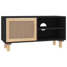 (Black) vidaXL TV Cabinet TV Stand Media TV Unit Solid Wood Pine and Natural Rattan