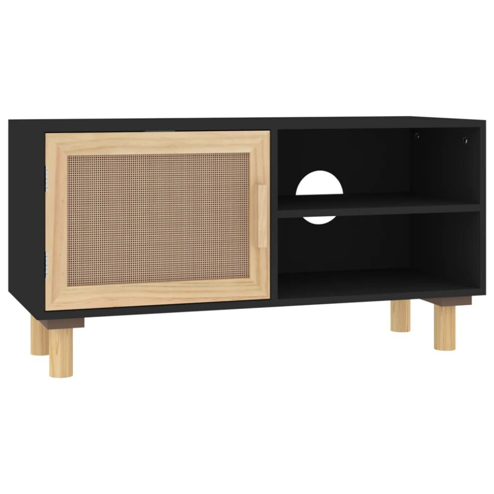 (Black) vidaXL TV Cabinet TV Stand Media TV Unit Solid Wood Pine and Natural Rattan