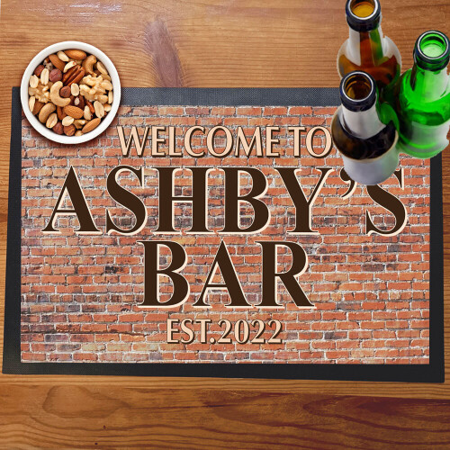 Brick Wall Bar Mat Runner with Non- Slip Rubber Back and Personalised Name with Year Home 1