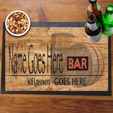 Wood Effect with Barrels & Neon Style Text Sign Bar Mat Runner with Non- Slip Rubber Back and Personalised Name and WI-FI code Option 1