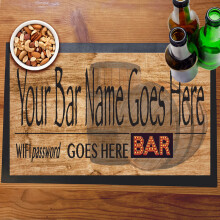 Wood Effect with Barrels & Neon Style Text Sign Bar Mat Runner with Non- Slip Rubber Back and Personalised Name and WI-FI code Option 2