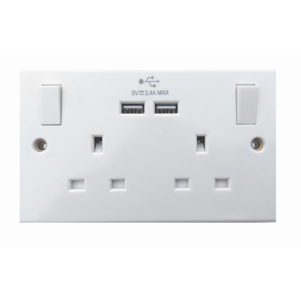 Double Switched Electric Socket Mains Wall USB 2 Gang White Plug Outlet 13AMP