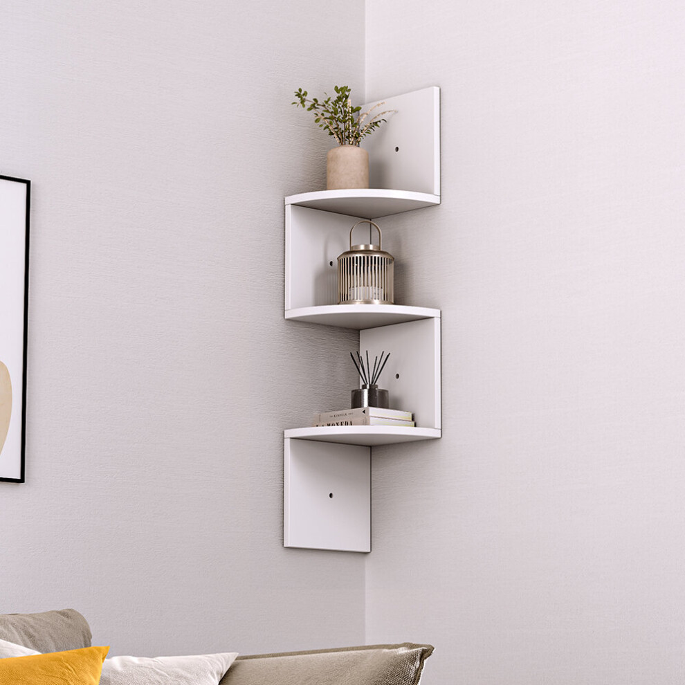 (White) 3 Tiers Floating Wall Corner Shelf Display Storage Rack