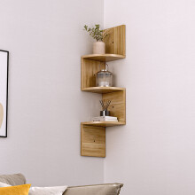 Floating Zig-Zag Corner Shelves - 3-Tier Wood Wall Display Shelf, Natural Finish, 81x19.5x19.5 cm, Space-Saving Storage for Photos, CDs & Decor