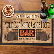 Welcome To Neon Style Text Bar Sign with Barrels to the Side Bar Mat Runner with Non- Slip Rubber Back and Personalised Name with Year