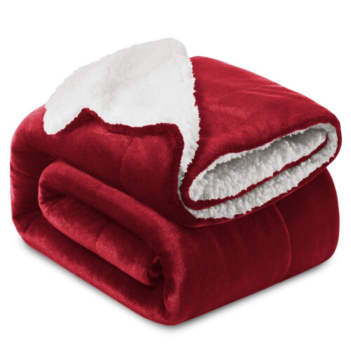 (BURGUNDY, SINGLE) SHERPA FLEECE BLANKETS SOFT WARM REVERSIBLE PLUSH