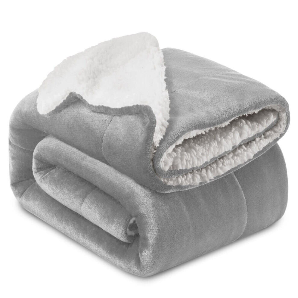 (SILVER, DOUBLE) SHERPA FLEECE BLANKETS SOFT WARM REVERSIBLE PLUSH THROW THICK LUXURIOUS DOUBLE LAYER BLANKET