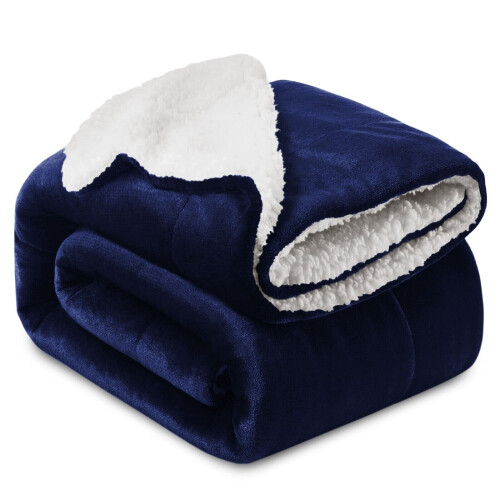 (NAVY BLUE, KING) SHERPA FLEECE BLANKETS SOFT WARM REVERSIBLE PLUSH
