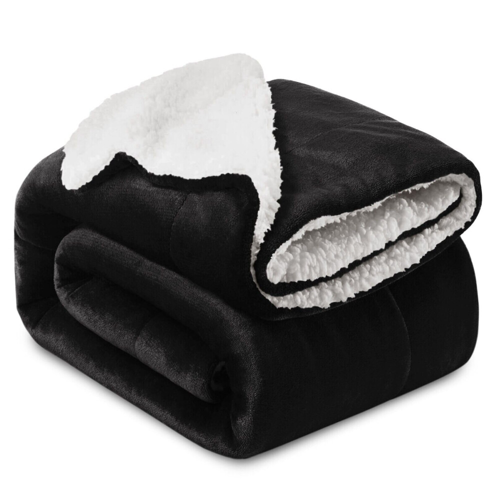 (BLACK, DOUBLE) SHERPA FLEECE BLANKETS SOFT WARM REVERSIBLE PLUSH THROW THICK LUXURIOUS DOUBLE LAYER BLANKET