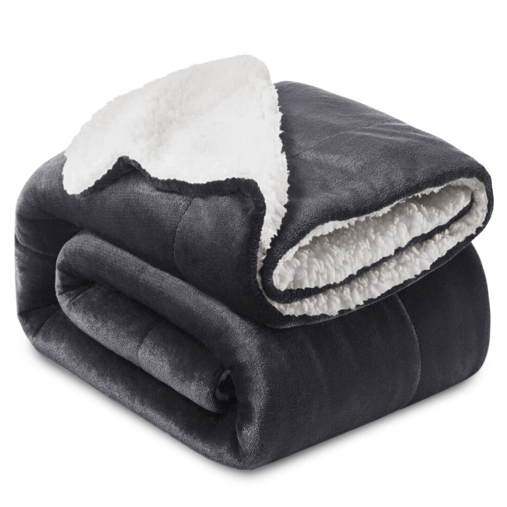 (GREY, SINGLE) SHERPA FLEECE BLANKETS SOFT WARM REVERSIBLE PLUSH THROW THICK LUXURIOUS DOUBLE LAYER BLANKET