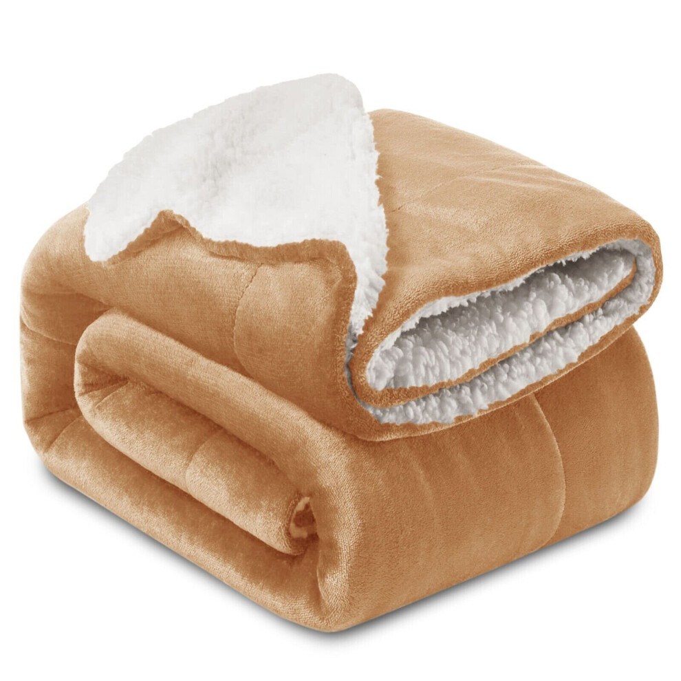 (CAMEL, SINGLE) SHERPA FLEECE BLANKETS SOFT WARM REVERSIBLE PLUSH THROW THICK LUXURIOUS DOUBLE LAYER BLANKET