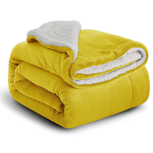 (OCHRE, SINGLE) SHERPA FLEECE BLANKETS SOFT WARM REVERSIBLE PLUSH THROW