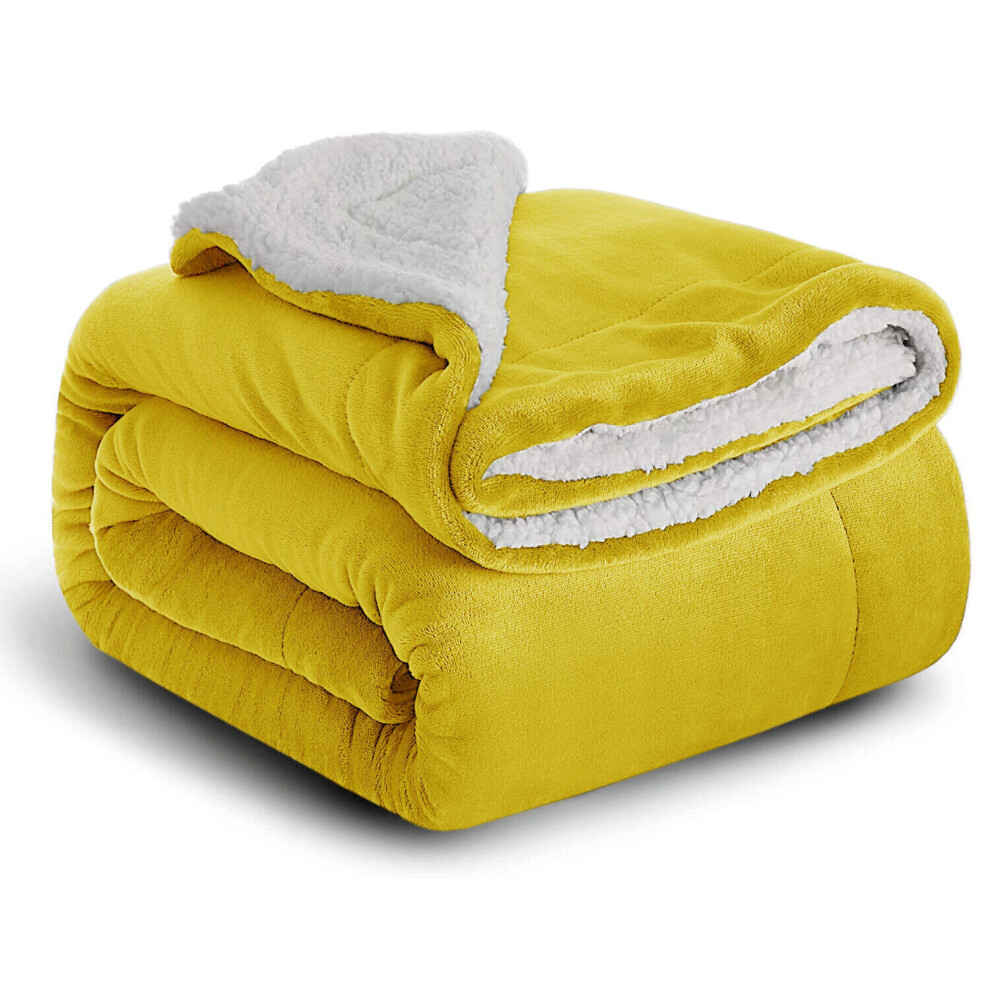 (OCHRE, SINGLE) SHERPA FLEECE BLANKETS SOFT WARM REVERSIBLE PLUSH THROW THICK LUXURIOUS DOUBLE LAYER BLANKET