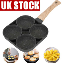 4-Hole Omelet Pan - Non-Stick Aluminum Alloy, Wooden Handle - Egg, Pancake & Breakfast Maker