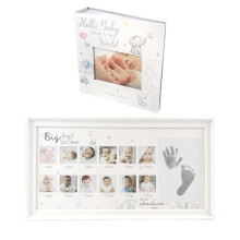 Baby Keepsake Photo Album First Year Frame Set White Footprint Handprint