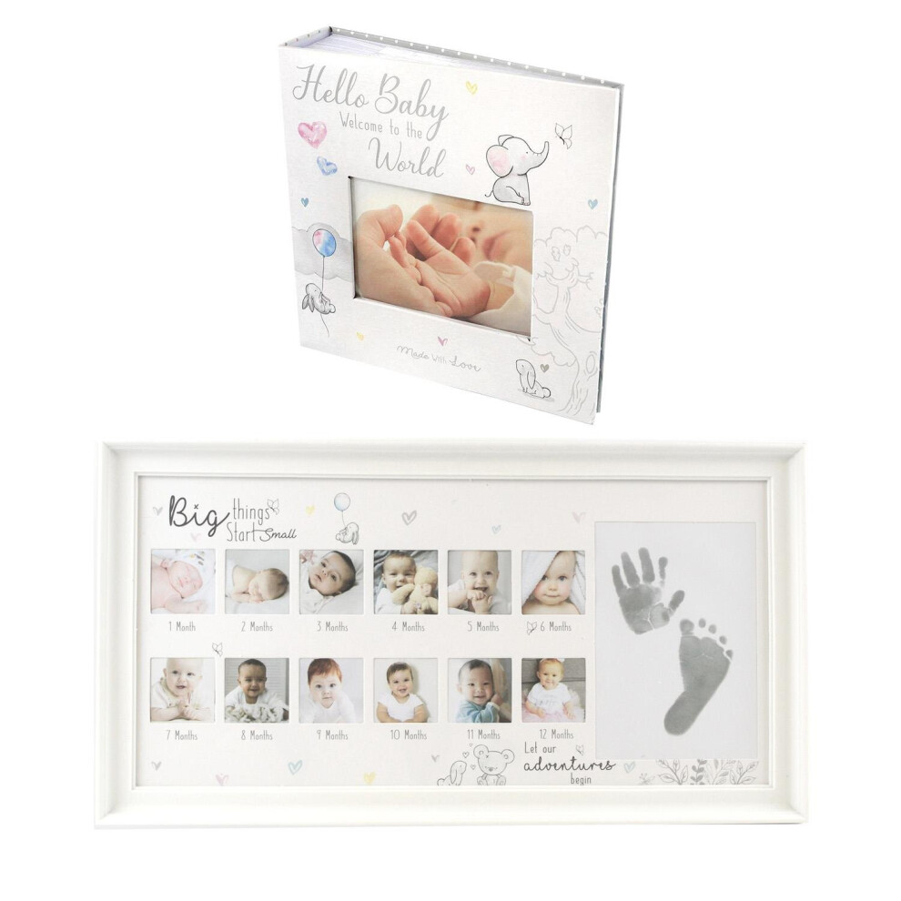 Baby Keepsake Photo Album First Year Frame Set Footprint Handprint White Yöl