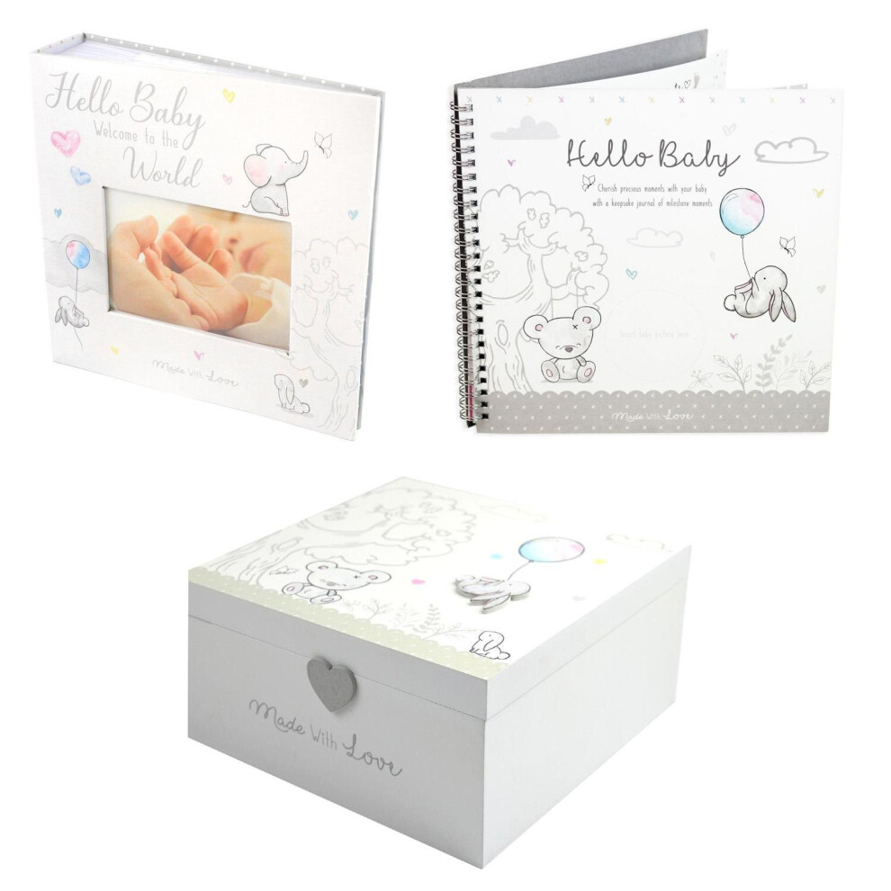Baby Keepsake Photo Album Wooden Memories Box Journal Diary Animal Design White Yöl