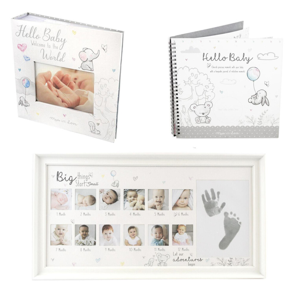 Baby Keepsake Photo Album Frame First Year Journal Set Hearts New-Born White Yöl