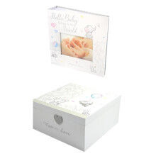 Baby Keepsake Photo Album Wooden Memories Box Set White Bunny Elephant Design