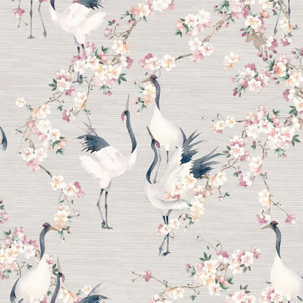Arthouse Blossom Crane Natural Wallpaper Floral Bird Flowers Grasscloth Pink