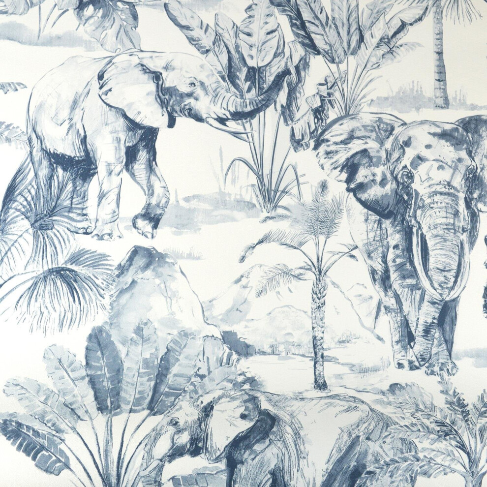 Grandeco Elephant Pastel Blue White Jungle Wildlife Paste The Wall Wallpaper