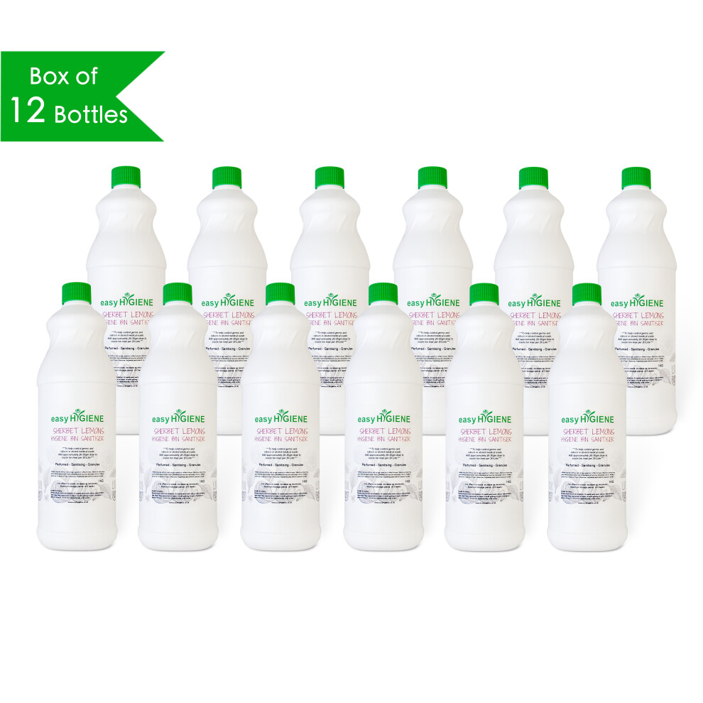 12 SHERBET LEMON Sanitary Bin Deodourising Sanitising Granuals Powder 1KG Bottles