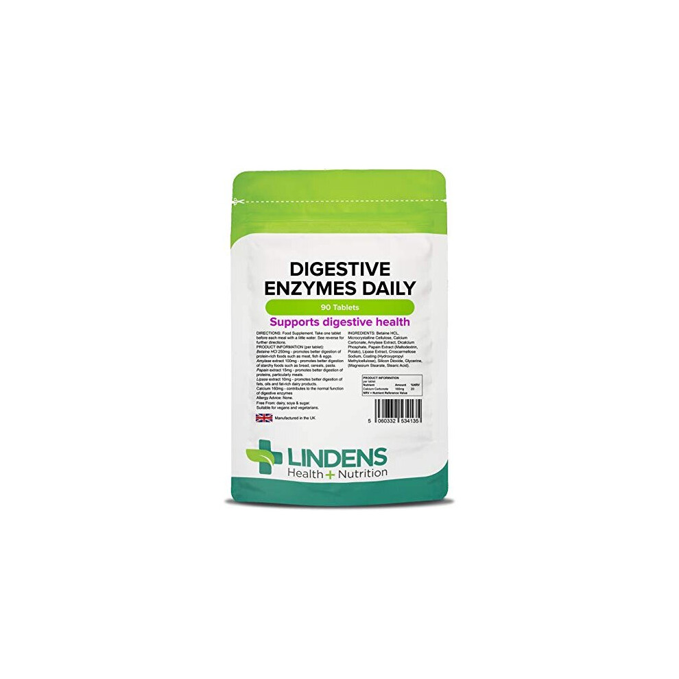 Lindens Digestive Enzymes Daily Tablets - 90 Pack - Contains Betaine Hcl, Papain, Amylase & Lipase to Promote Better Digestion - UK Manufacturer,