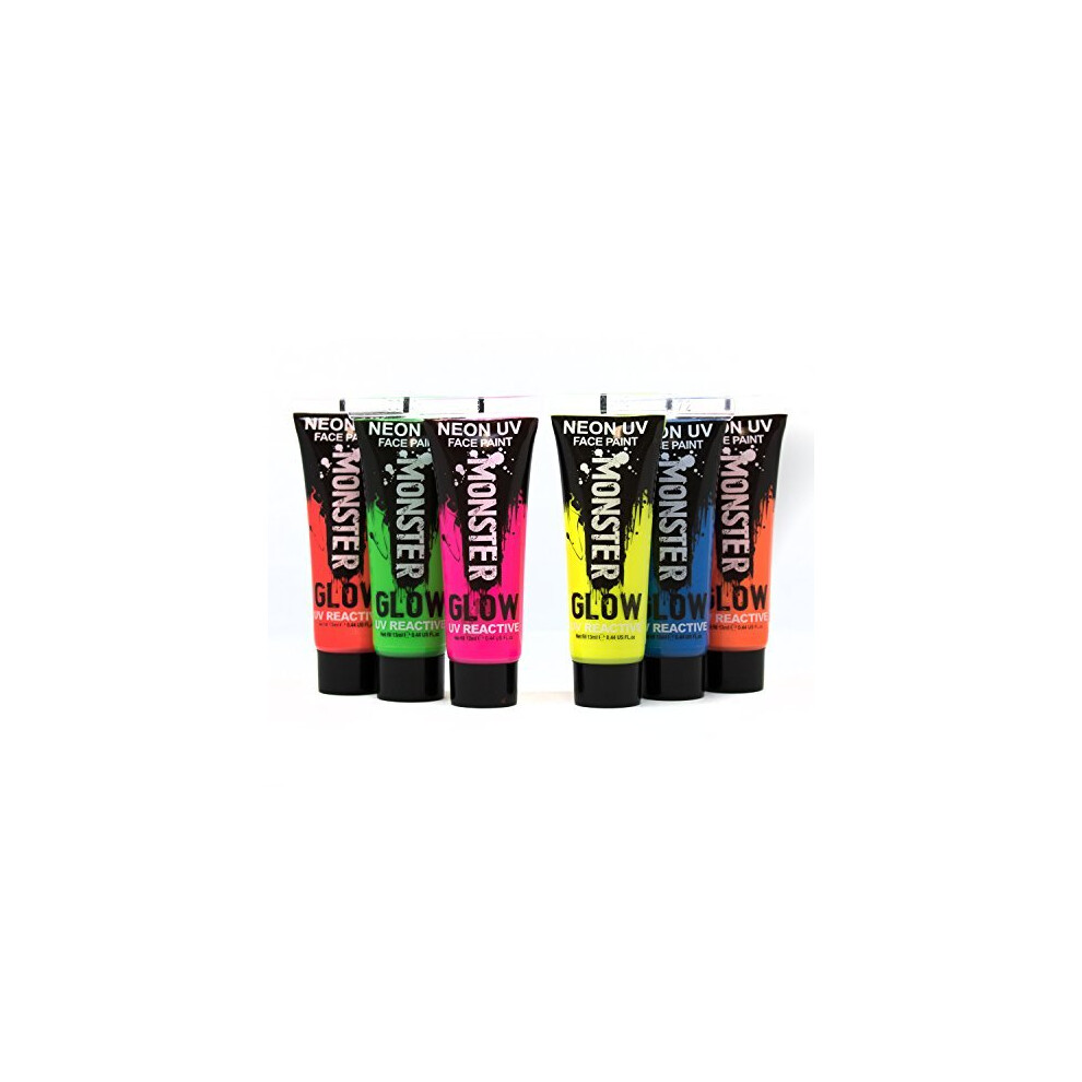 Premium Quality Monster Glow UV Neon Glow Face & Body Paint (Pack of 6) - Brightest Glow Under UV!