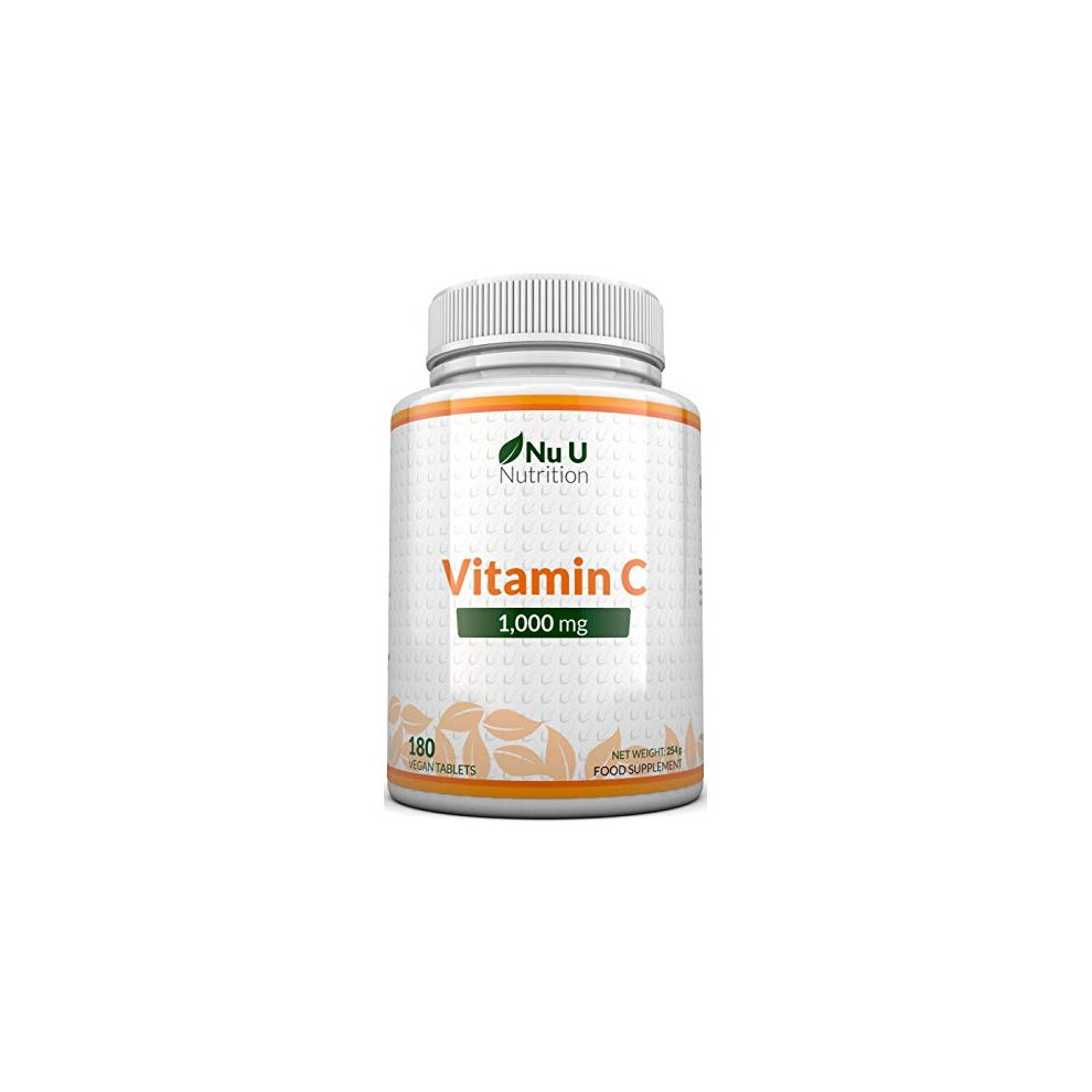 Vitamin C 1000mg | 180 Tablets (6 Month's Supply) | Ascorbic Acid, Suitable for Vegetarians & Vegans by Nu U Nutrition