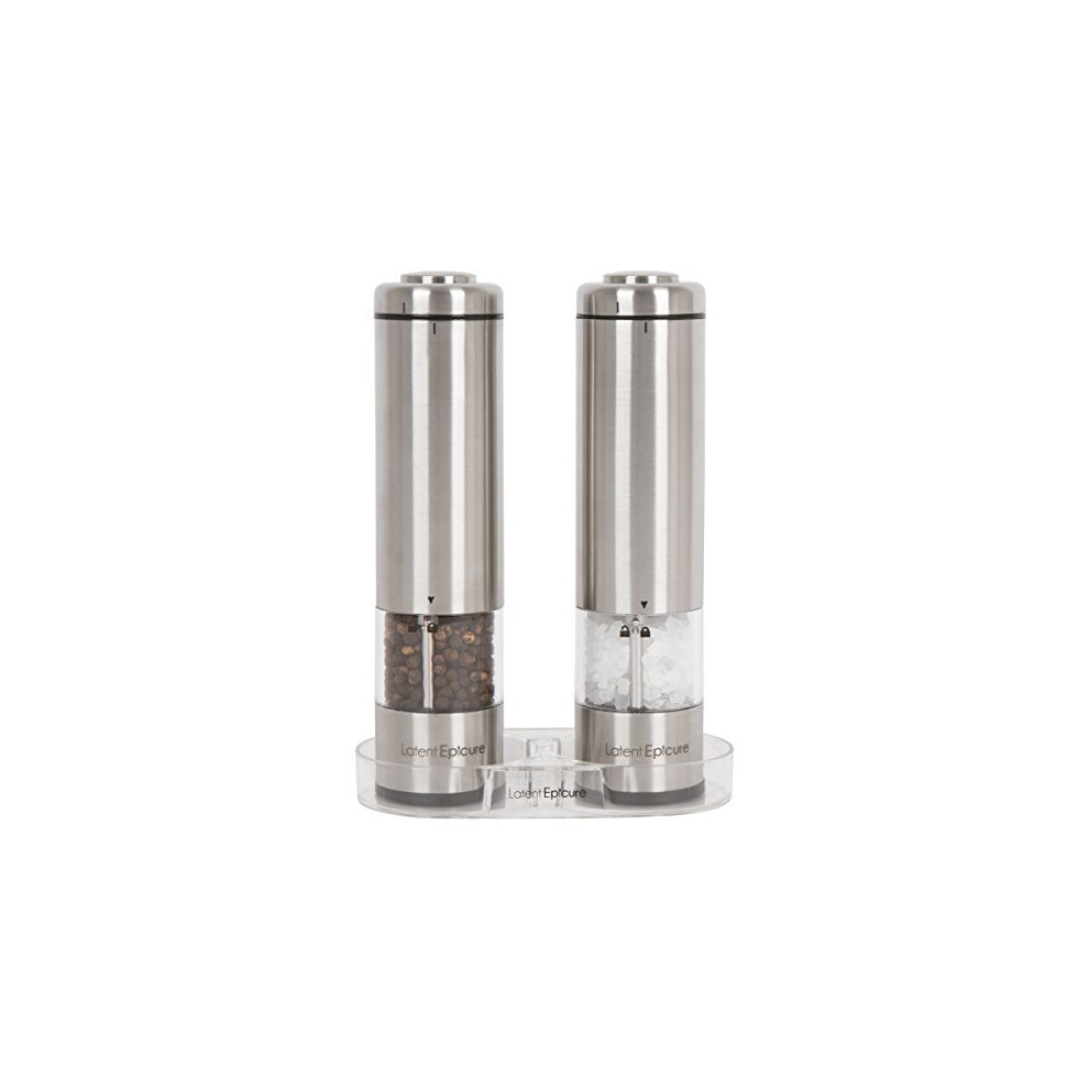 Latent Epicure Battery Operated Salt and Pepper Grinder Set (Pack of 2 Mills) - Complimentary Mill Rest | Bright Light | Adjustable Coarseness |