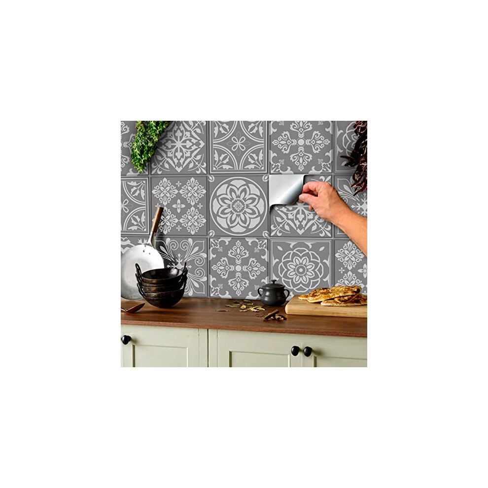 24 Grey Tile Stickers Victorian Mosaic Style Tile Stickers Transfers Cover for 4x4 10 x 10cm Tile Kitchen Bathroom Stick On Wall Peel and Stick Tile