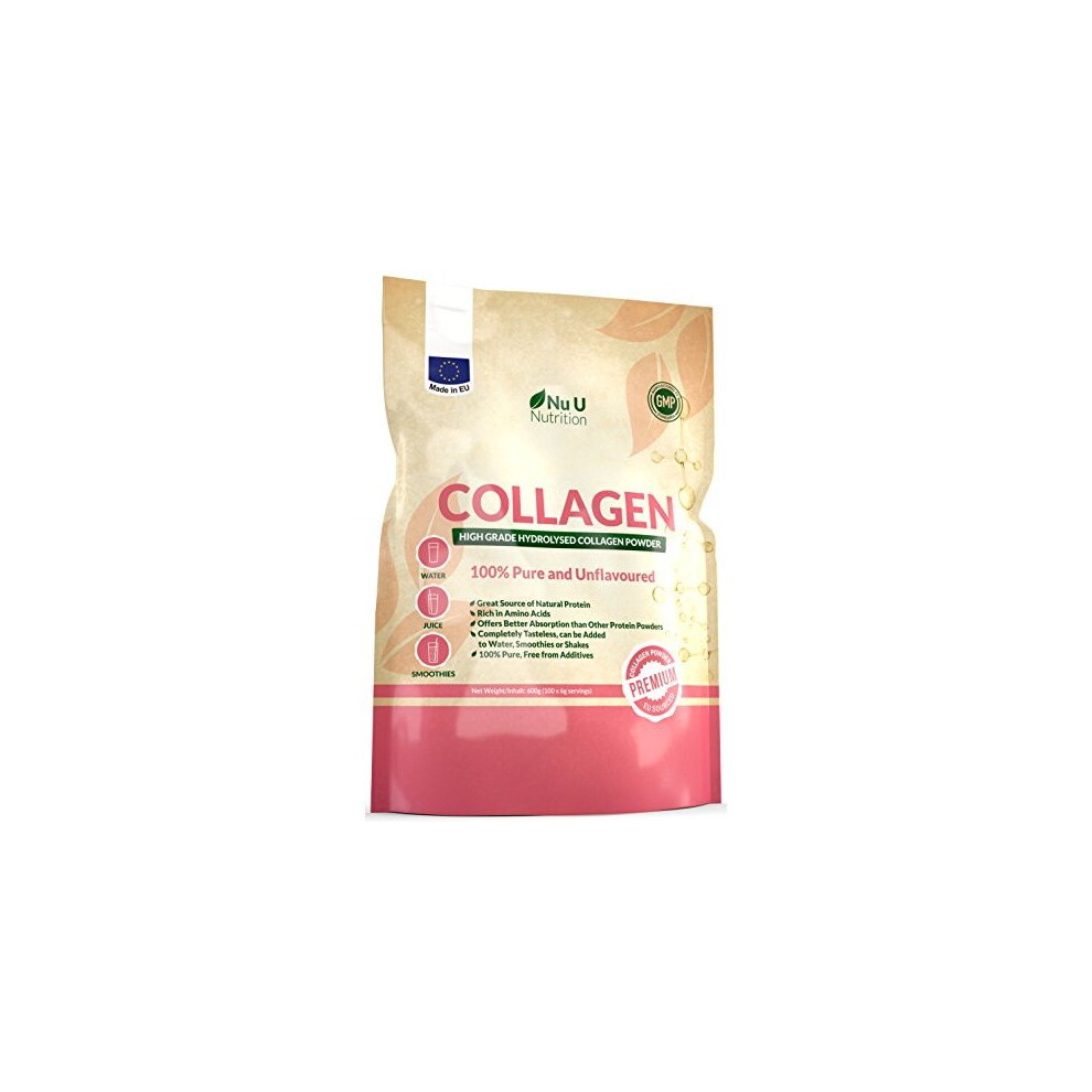 Nu U Nutrition Collagen Powder 600G, Protein High Grade Unflavoured Hydrolysed Collagen Peptides, Made In The Eu, Pure Bovine 100% Collagen Hydrolysate, Resealable