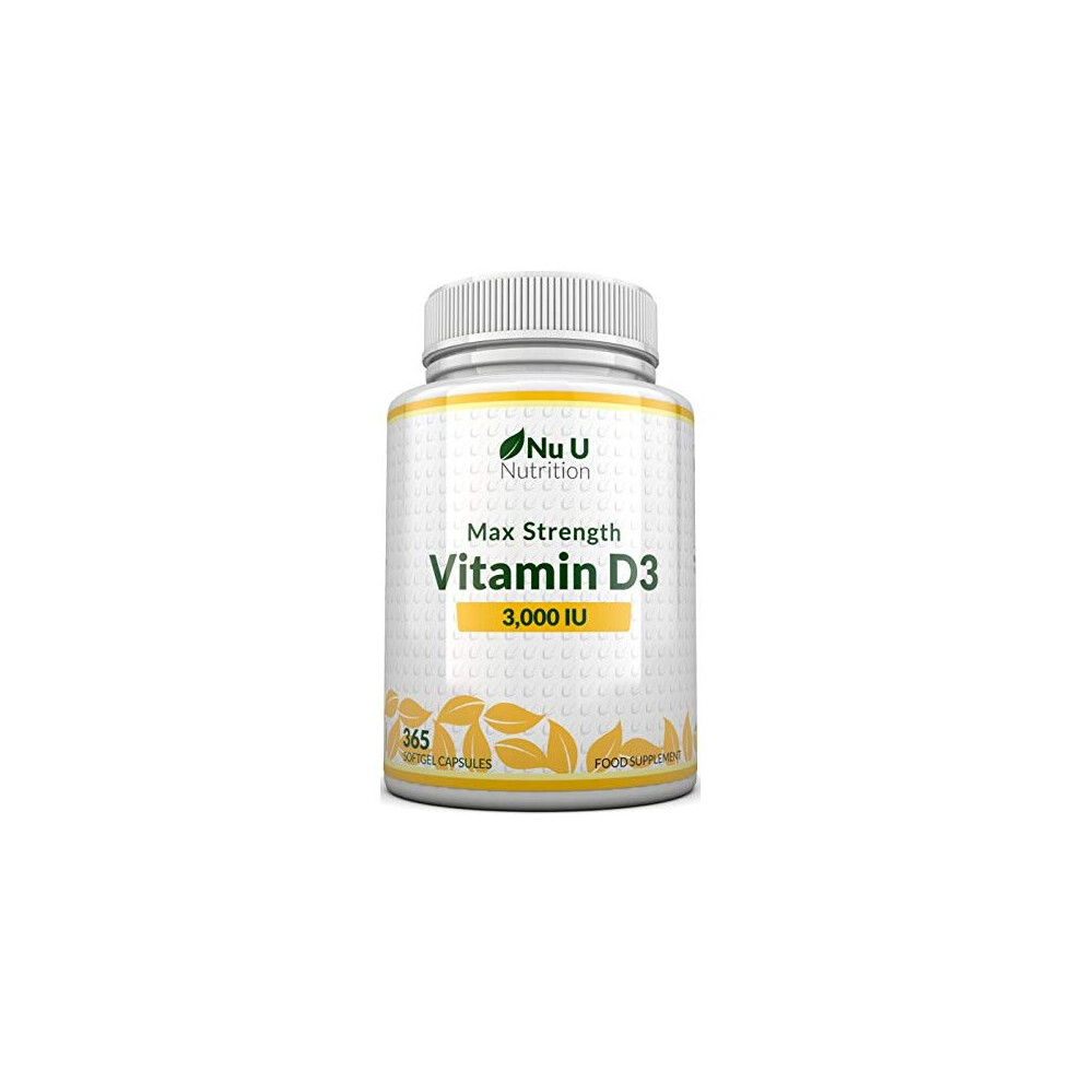 Nu U Nutrition Vitamin D 3000 Iu 365 Softgels (Full Year Supply) | Triple Strength Vitamin D3 Supplement | High Absorption Cholecalciferol | Gluten & Dairy Free By