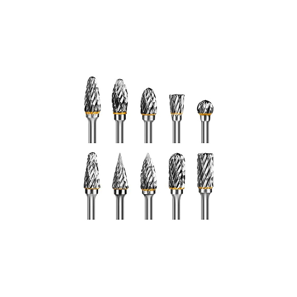 Hakkin 10Pcs Tungsten Carbide Steel Double Cut Rotary Burrs Set for Dremel Accessory 1/8&quot Shank Die Grinder Bits Rotary Tool Accessories for DIY