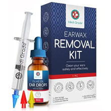 Ear Wax Removal Kit, Ear Wax Vacuum by Medi Grade - with Olive Oil Ear Drops - Reusable Ear Cleaner -3 x Soft Quad-Stream Ear Wax Removal Syringe Tips